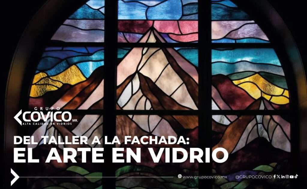 Vitral artístico con diseño de paisaje montañoso, elaborado en vidrio de colores para fachadas arquitectónicas.