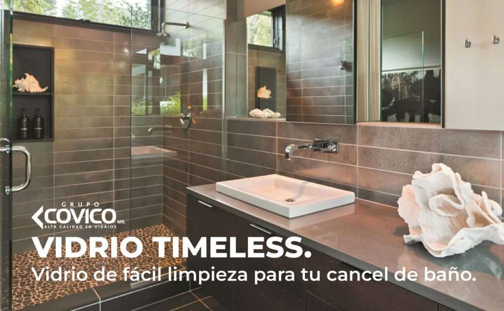 Vidrio Timeless en cancel de baño moderno con fácil limpieza y acabado transparente