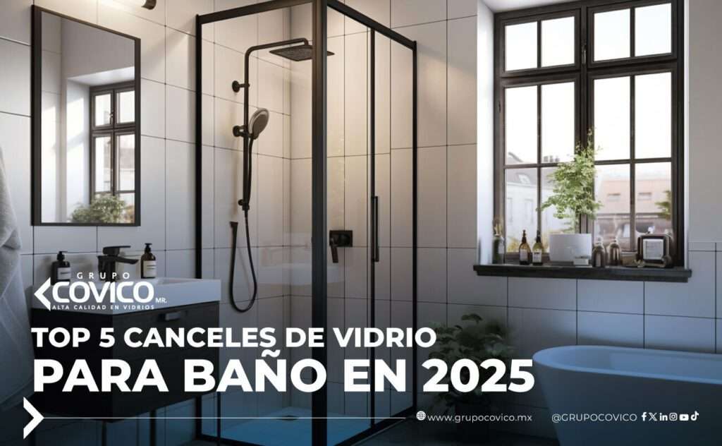 Baño moderno con cancel de vidrio templado y marco negro, ideal para tendencias de diseño en interiores 2025.