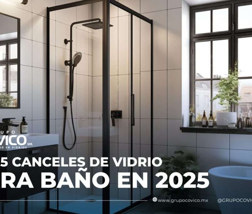 Baño moderno con cancel de vidrio templado y marco negro, ideal para tendencias de diseño en interiores 2025.