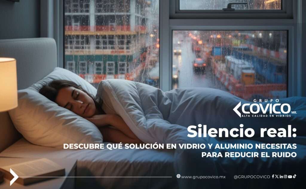 Persona durmiendo tranquilamente en una habitación con ventanas de vidrio que ayudan a reducir el ruido exterior urbano.