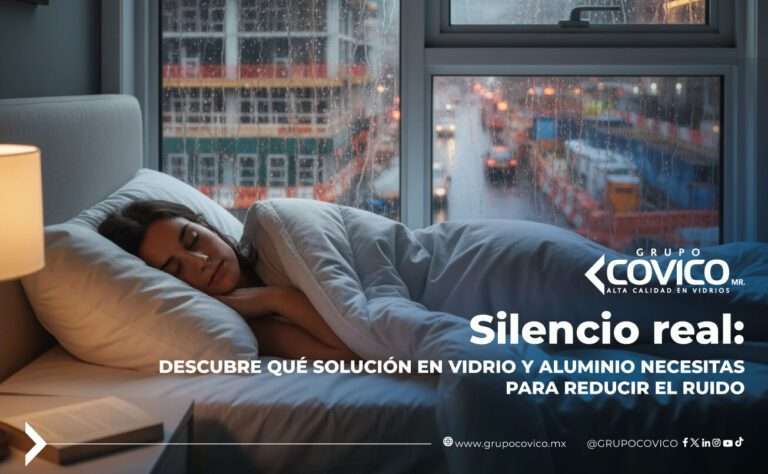 Persona durmiendo tranquilamente en una habitación con ventanas de vidrio que ayudan a reducir el ruido exterior urbano.